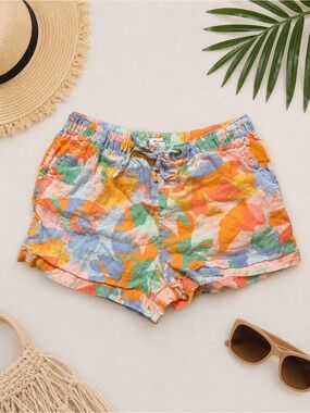 100% Linen Multicolor Floral Elastic Waist Drawstring Shorts